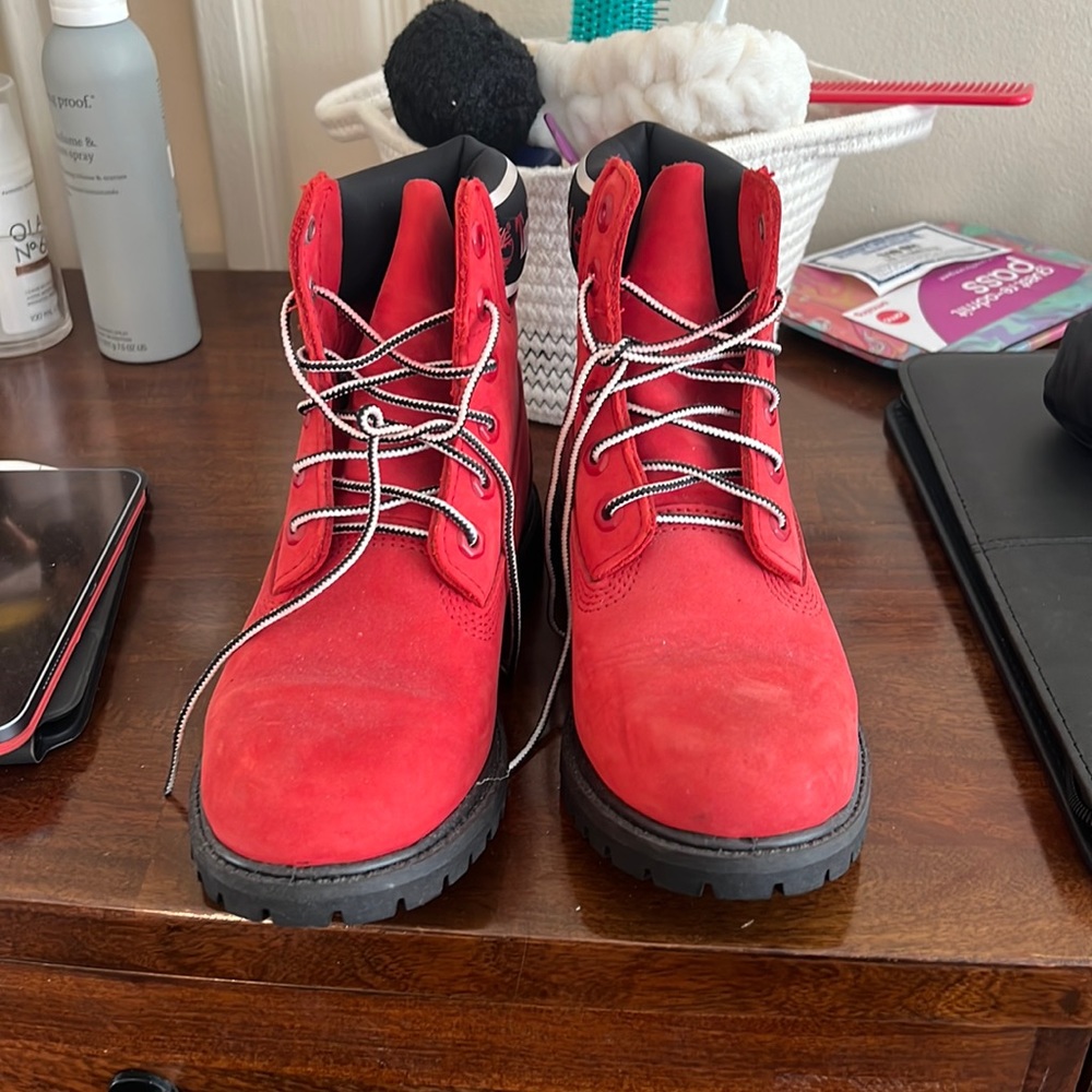Red Timberlands, size women’s US 7, worn twice, great condition